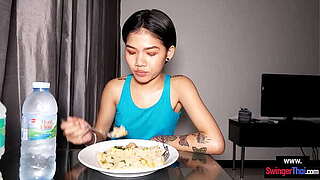 Small Thai boy GF drilled tough from behind next that babe produce lunch for the BF